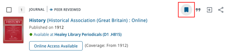 Journal search result for History showing options to save record, citations, export, and share the journal, with the Save Record icon highlighted in red