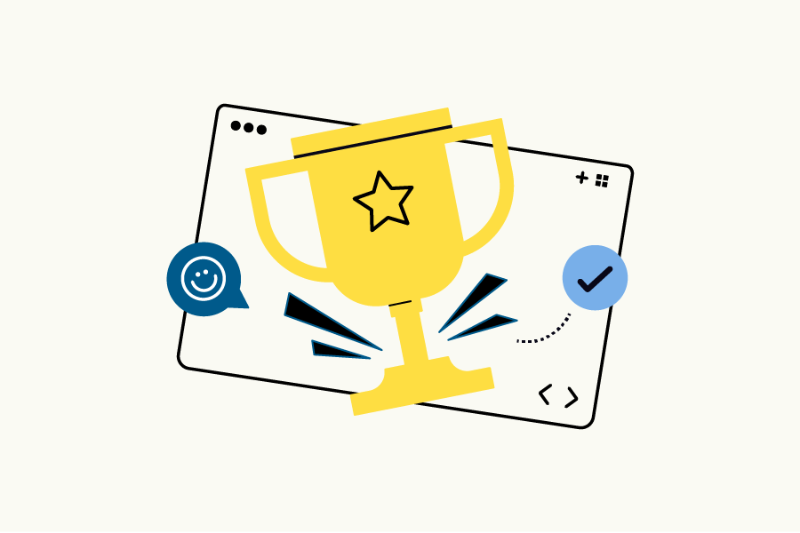 Award closeout icon of trophy, checkmark, and though bubble with a smiley face.