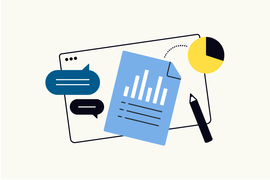 Award management icon of paper with graph, pencil, pie chart, and text bubbles.