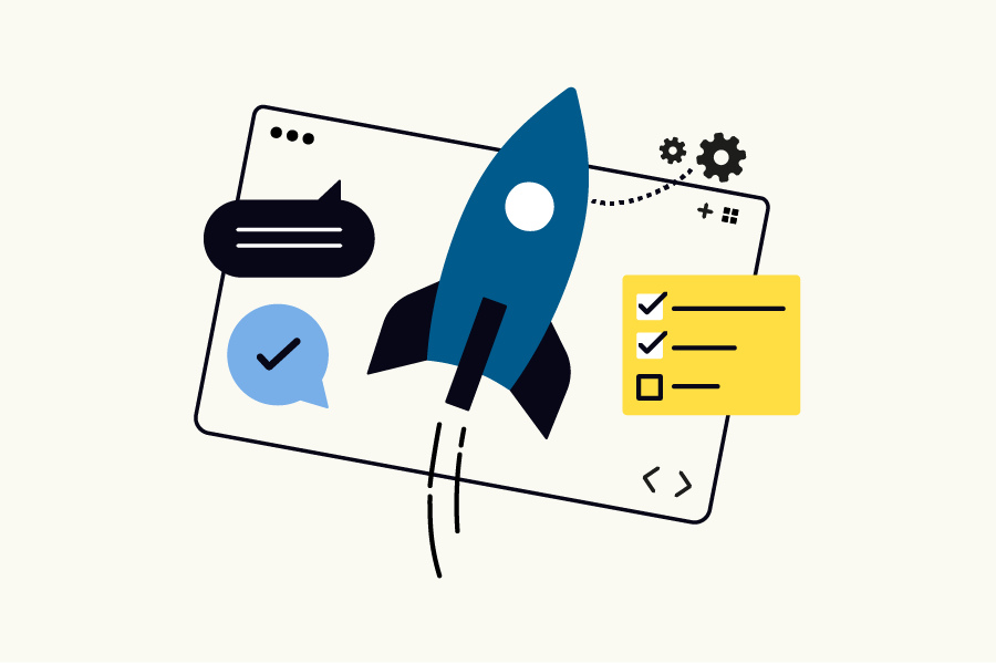 Award setup icon of rocket ship, checklist, text bubble, and gears.