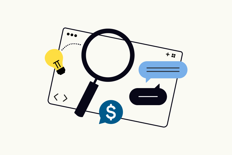 Find funding icon of magnifying glass, lightbulb, and text bubbles.