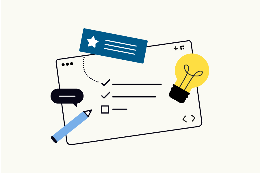 Proposal development icon of lightbulb, check box list, pencil, and text bubbles.