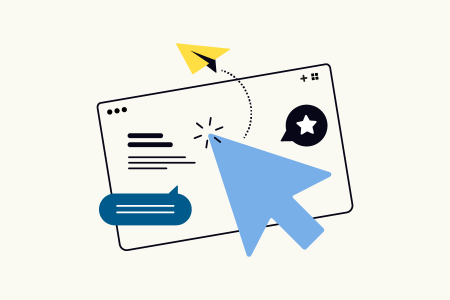 Proposal submission icon of mouse clicking, paper airplane, star, and text bubble.