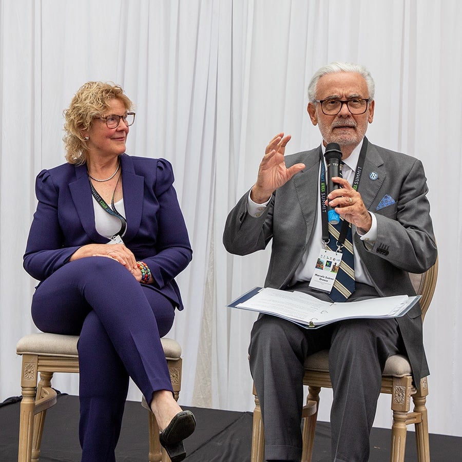 UMass Boston Chancellor speaking into a mircophone and sitting next to another person.