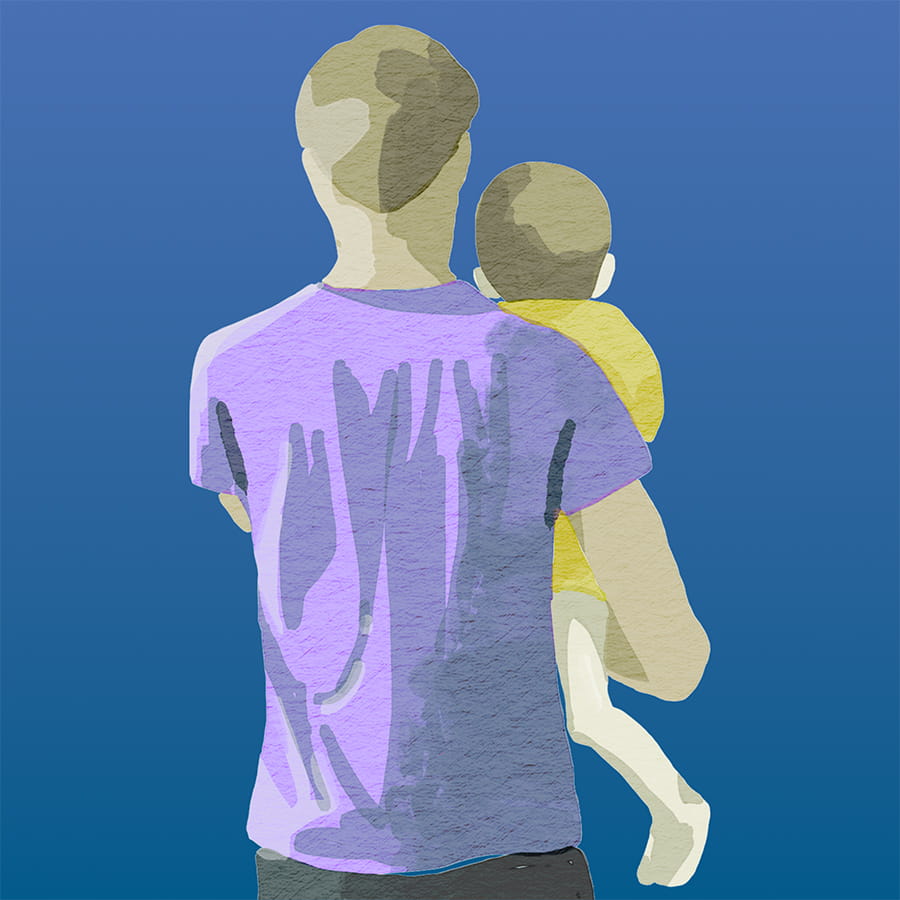 Watercolor drawing of father holding his child.