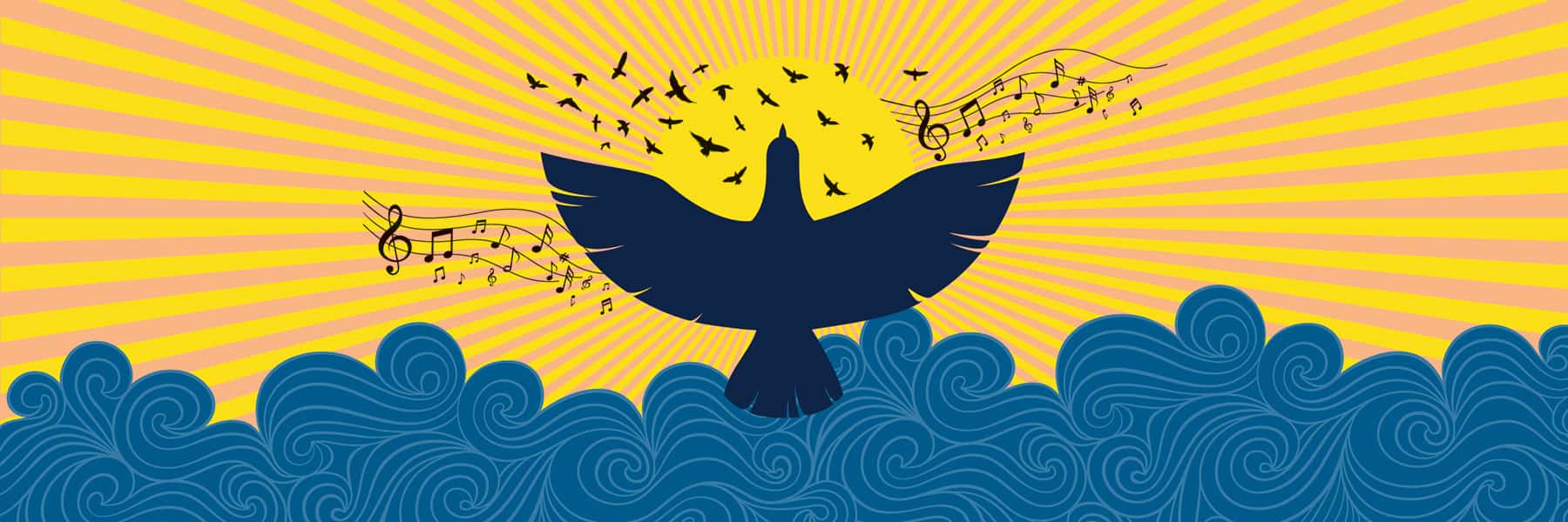 Graphic illustration of bird rising out of the water with the sun in the background.