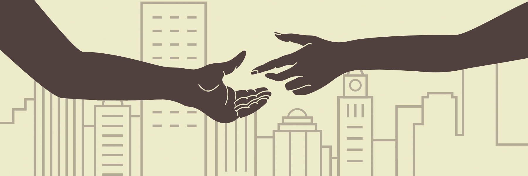 Black arms outstretched as in handshake with silhouette of cityscape in background