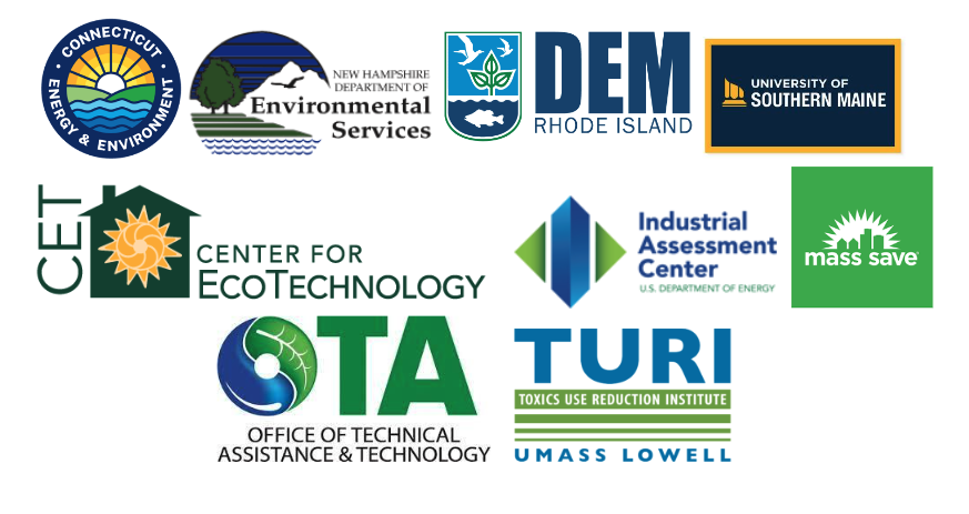 Brewing Partner logos: Connecticut Energy & Environment, New Hampshire Department of Environmental Services, DEM Rhode Island, University of Southern Maine, Center for EceTechnology, Industrial Assessment center U.S. Department of Energy, Mass Save, Office of Technical Assistance & Technology, Toxics Use Reduction Institute UMass Lowell